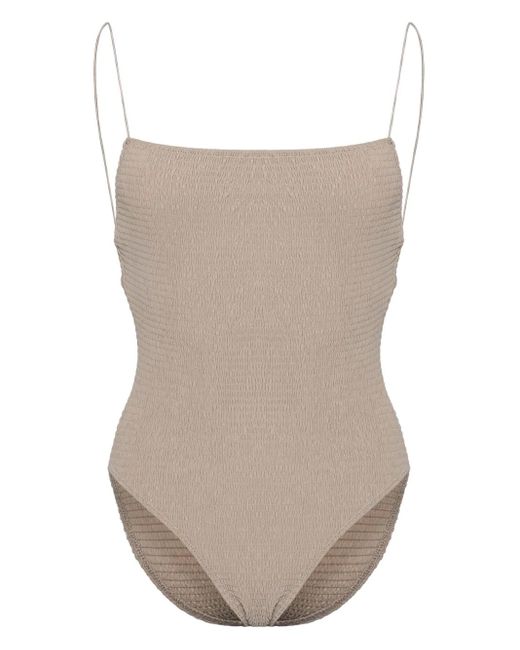 Totême  White Smocked Square-Neck Swimsuit