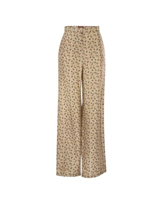 Max Mara Natural Paisley-Print Silk Palazzo Pants