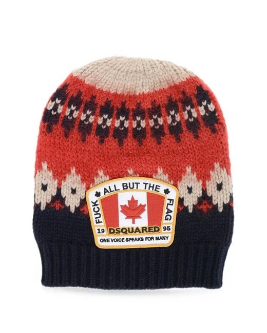 DSquared² Red Fair Isle Logo-Patch Beanie Hat for men