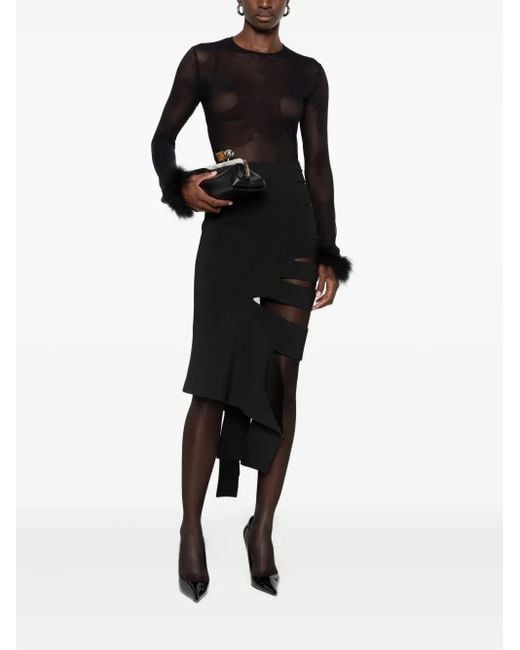 Mugler Black Feather-cuff Mesh Top