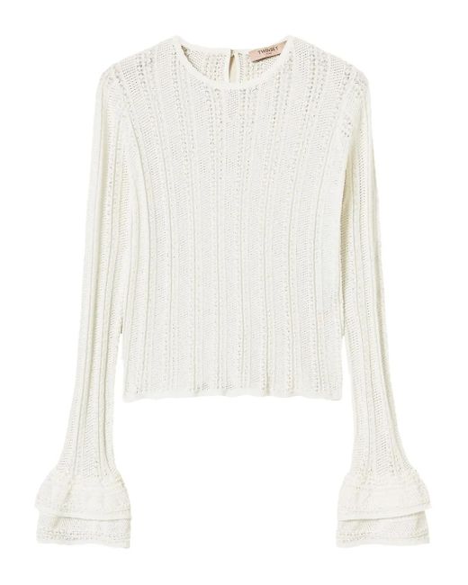 Twinset White Ruffled Open-Knit Top