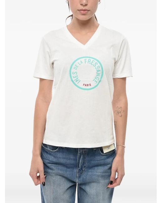 Ines De La Fressange Paris White Logo-Print V-Neck T-Shirt