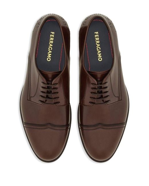 Ferragamo Brown Perforated-detailing Leather Derby Shoes for men