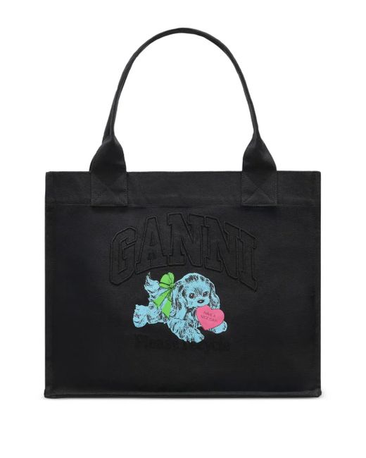 Bolso shopper con estampado Puppy Ganni de color Black