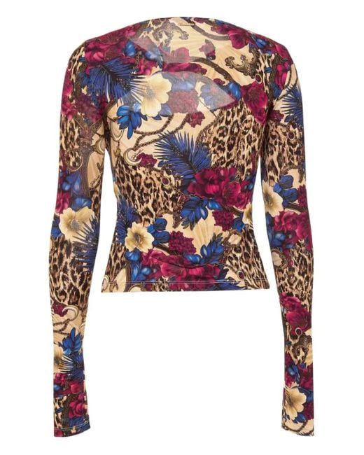 Just Cavalli Red Mix-Print Keyhole Top