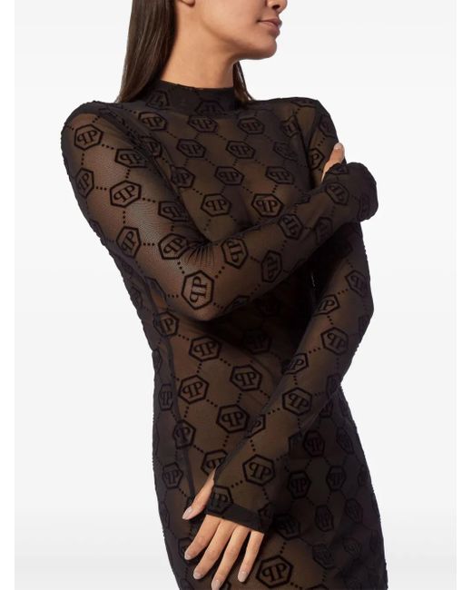 Philipp Plein Black Monogram Semi-Sheer Tulle Dress