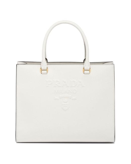 Prada Medium Logo-embossed Tote Bag in White | Lyst