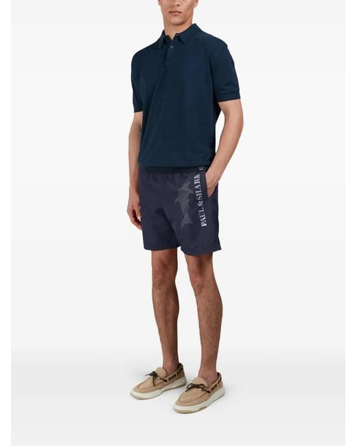 Paul & Shark Blue Logo-Print Drawstring Swim Shorts for men