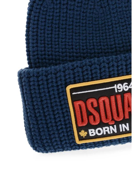 DSquared² Blue Logo-Patch Beanie Hat for men