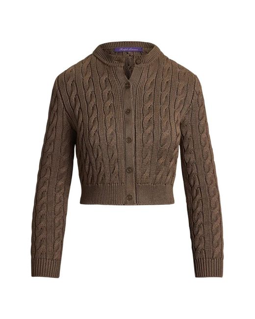 Ralph Lauren Brown Cable-Knit Silk Cropped Cardigan