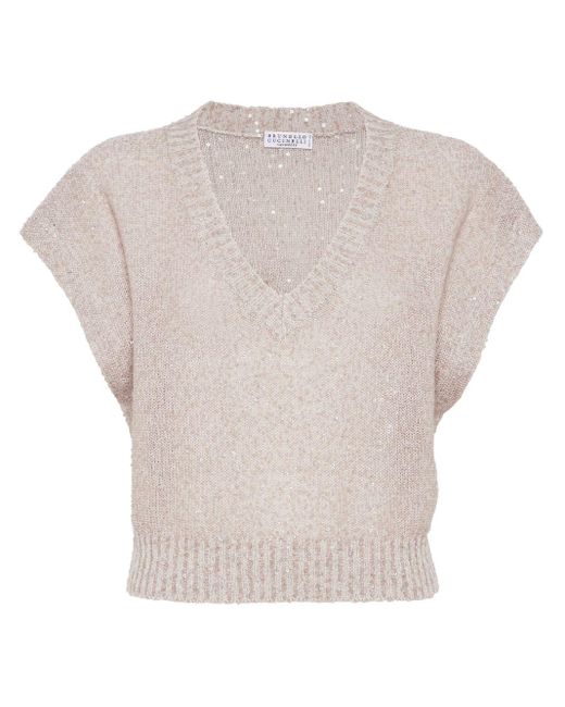 Brunello Cucinelli White Sequin Short-Sleeve Knitted Top