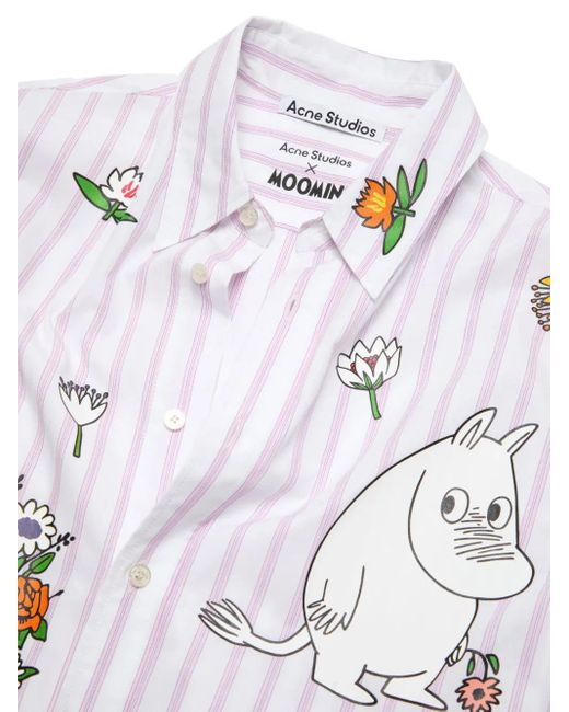 Acne White Gestreiftes Hemd Mit Grafischem Print