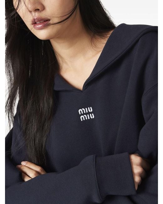 Miu Miu Cotton Fleece Sweatshirt With Embroidered Logo in Blue | Lyst