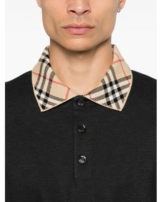 Burberry Black 100% Cotton Polo Shirt With Check-Pattern Collar for men