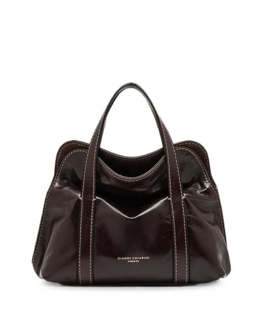 Gianni Chiarini Black Marghe Medium Contrast-Stitch Leather Tote Bag