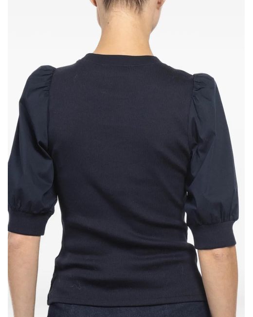 Veronica Beard Blue Coralee Puff-Sleeve Ribbed Top