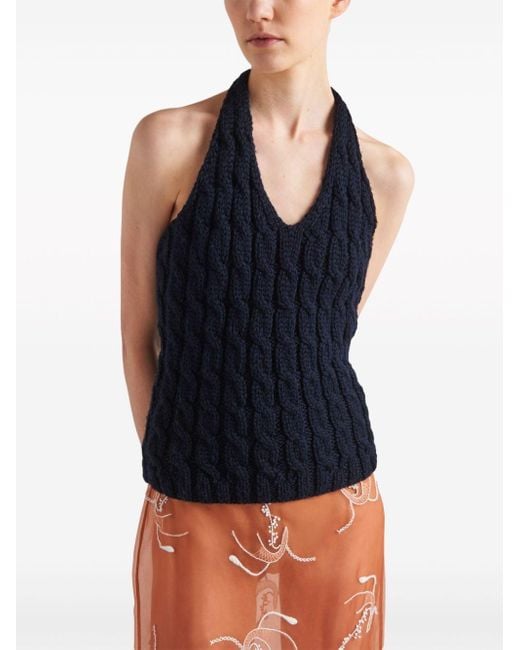 Prada Blue Cable-knit Halterneck Wool Top