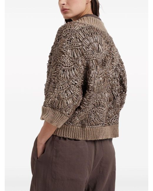 Brunello Cucinelli Brown Sequin-embellished Knitted Cardigan