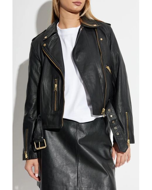 AllSaints Black Belted Notched Collar Biker Jacket