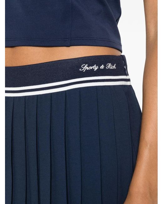Sporty & Rich Blue Abigail Logo-Embroidered Pleated Skirt