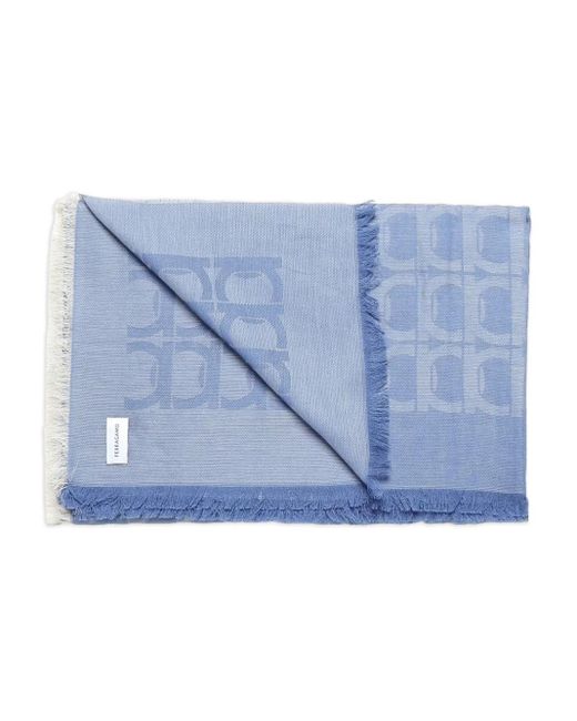 Ferragamo Blue Gancini-Pattern Frayed Scarf for men