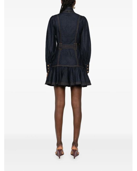Zimmermann Blue Tied-Neck Ruffled Denim Mini Dress