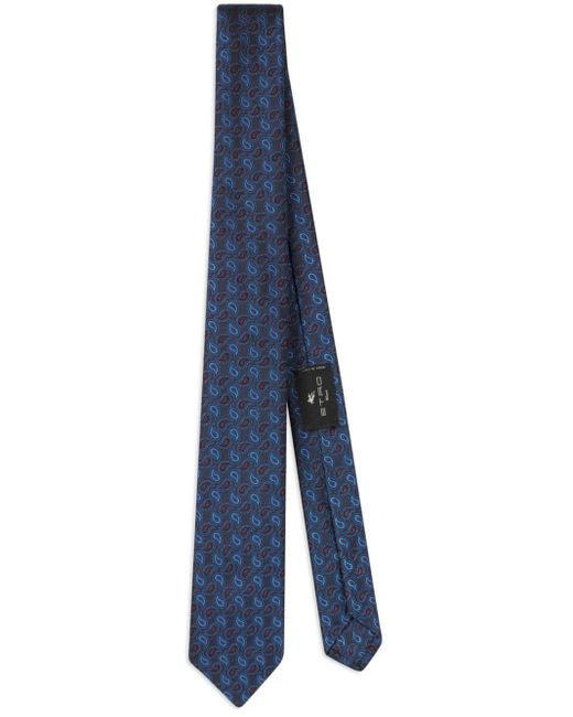 Etro Blue Paisley-embroidered Silk Tie for men