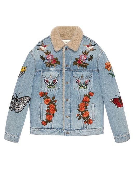 Gucci Blue Embroidered Denim Jacket With Shearling for men