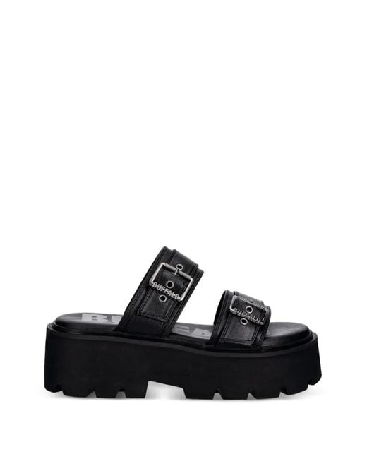 Buffalo Black Brake Two Strap Buckle-Fastening Platform Sandals