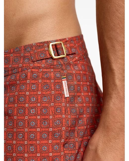 Orlebar Brown Red Bulldog Geometric-Print Buckle-Detail Swim Shorts for men