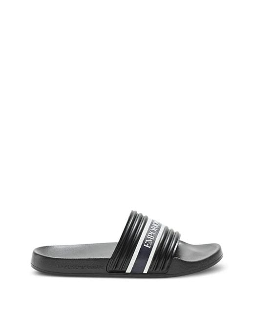 Emporio Armani White Logo-Print Ribbed Slides for men