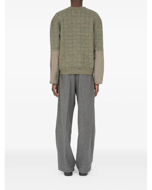 Maison Margiela Green V-Neck Grid-Pattern Wool Sweater for men