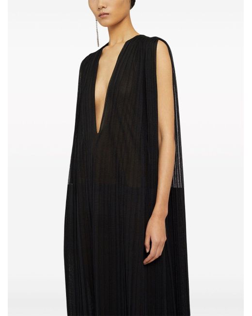 Jil Sander Black Pleated Plunge-neck Silk Dress
