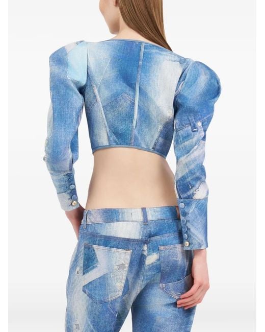Roberto Cavalli Blue Patchwork-Effect Corset Top