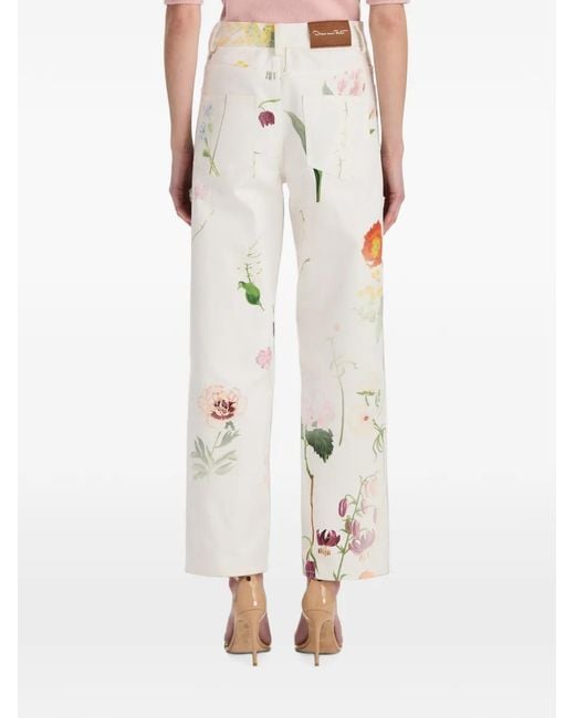Oscar de la Renta White Botanical-Print Straight-Leg Jeans