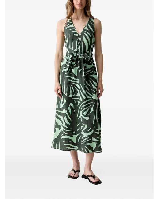 Benetton Green Leaf-Print Belted Midi Dress