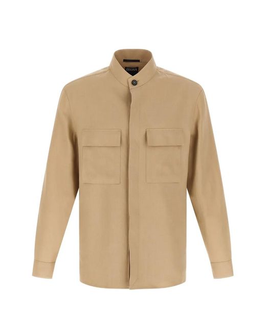 Zegna Natural Oasi Lino Mandarin-Collar Overshirt for men
