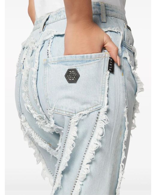 Philipp Plein Blue Distressed Rhinestone-Embellished Jeans