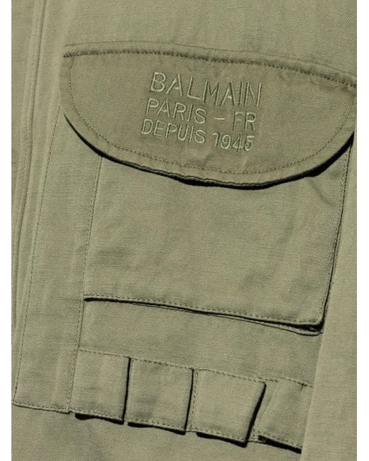 Balmain Green Multi-Pocket High-Neck Jacket for men