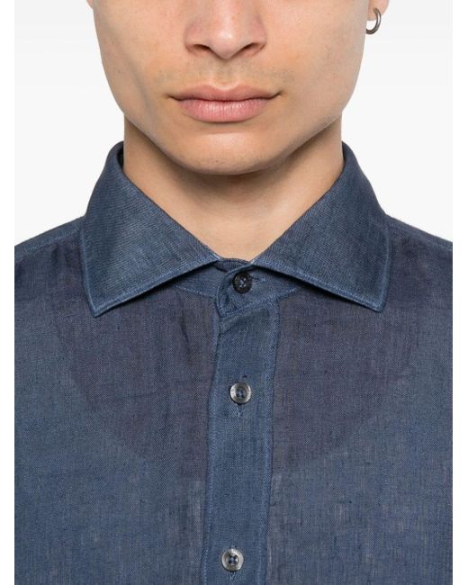 120% Lino Blue Long-sleeved Linen Shirt for men