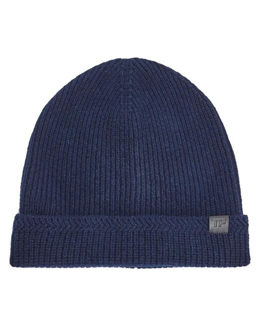 Tom Ford Blue Logo-Patch Ribbed-Knit Beanie for men