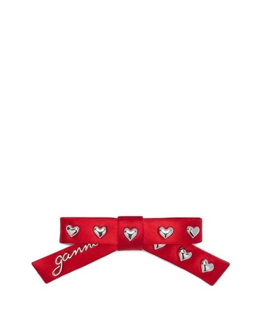 Ganni Red Heart-Studs Bow-Motif Hair Clip