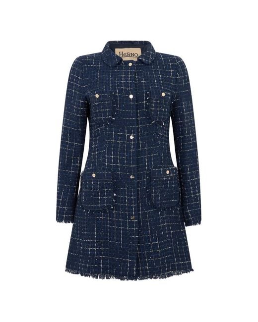 Herno Blue Tweed Frayed-Edge Coat