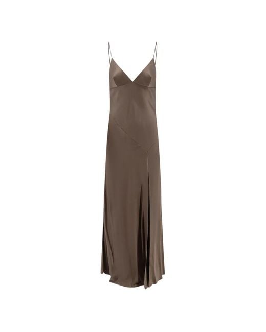 Alberta Ferretti Natural Satin Front-Slit Maxi Dress