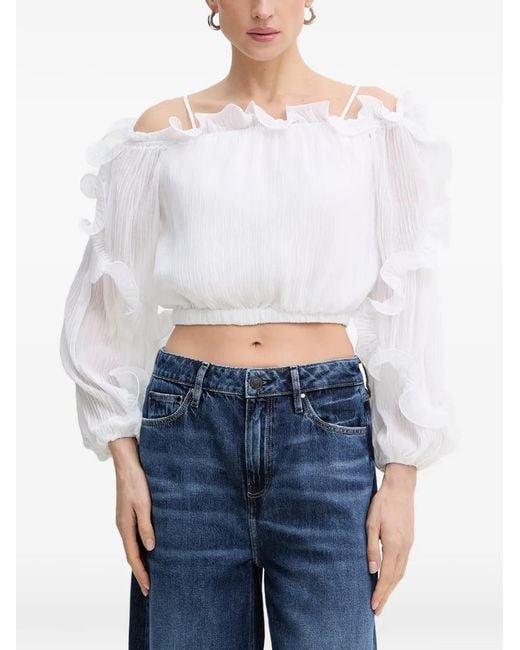 Guess White Gabriella Ruffled-Trim Blouse