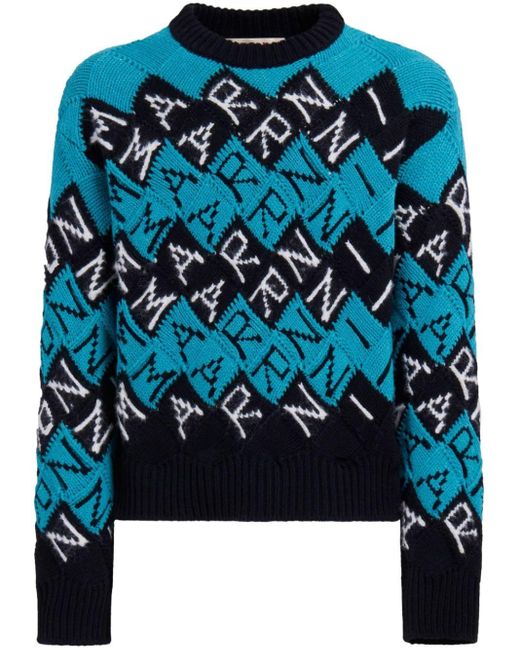 Marni Blue Logo Intarsia-knit Jumper for men