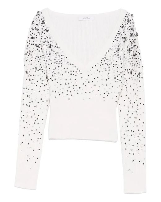 Max Mara White Pull Brodé De Sequins Gang À Décolleté En V