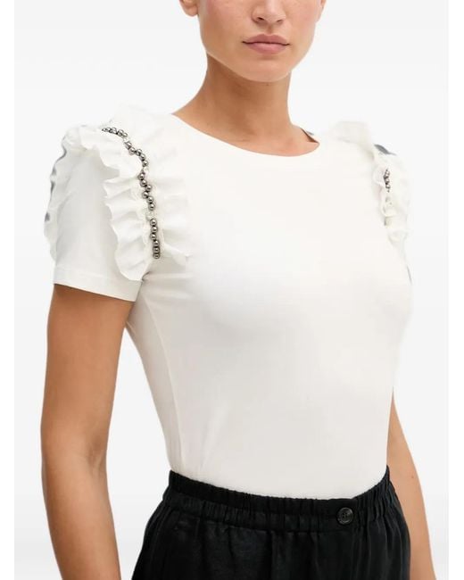 GAUDI White Ruffled Bead-Embellished T-Shirt