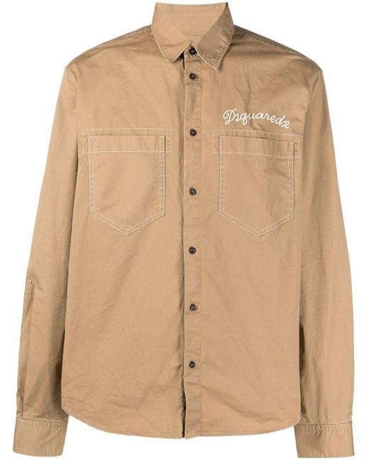 DSquared² Logo-embroidered Button-up Shirt in het Natural voor heren
