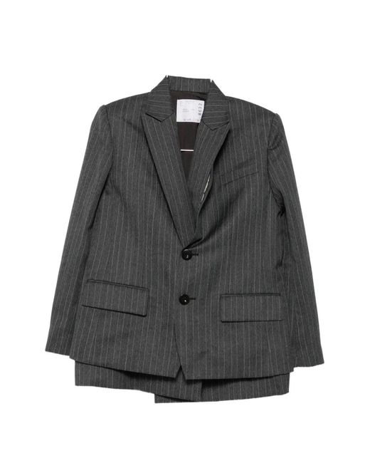 Sacai Gray Pinstriped Layered-Detail Blazer